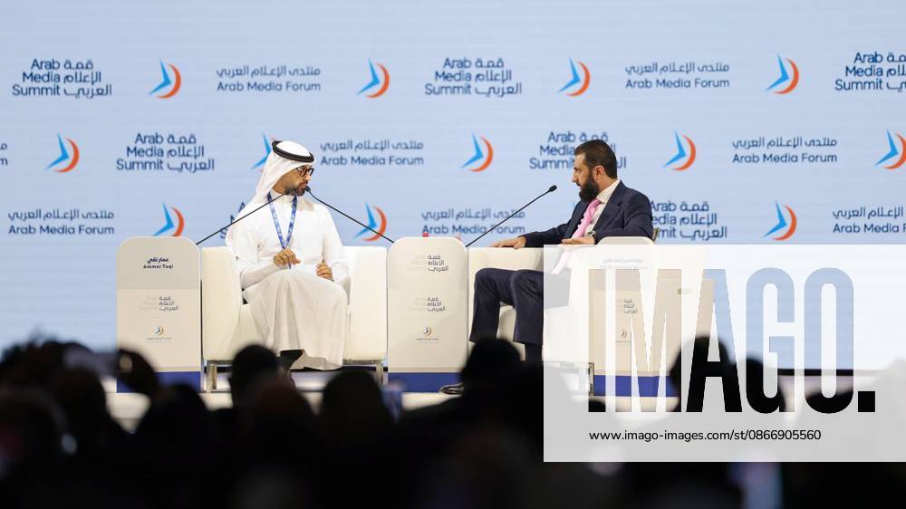 Syrian President Ahmed al-Sharaa Addresses Arab Media Summit in Dubai Syrian President Ahmed al-Sharaa speaks as a keynote participant during the opening of the 24th Arab Media Summit 2026 in Dubai, United Arab Emirates, on September 15, 2026. Al-Sharaa took part in a dialogue session titled Syria of the Future. . Photo by Syrian Presidency apaimages Syria Syria Syrian Arab Republic 150926_UAE_SPO_00(1)