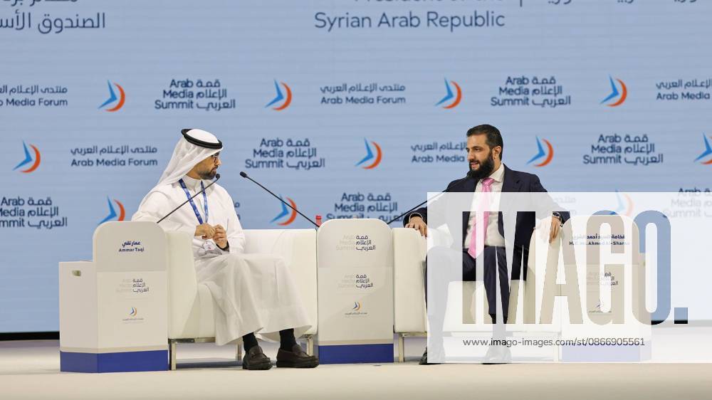 Syrian President Ahmed al-Sharaa Addresses Arab Media Summit in Dubai Syrian President Ahmed al-Sharaa speaks as a keynote participant during the opening of the 24th Arab Media Summit 2026 in Dubai, United Arab Emirates, on September 15, 2026. Al-Sharaa took part in a dialogue session titled Syria of the Future. . Photo by Syrian Presidency apaimages Syria Syria Syrian Arab Republic 150926_UAE_SPO_00(3)