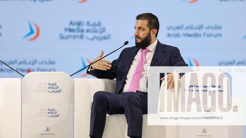 Syrian President Ahmed al-Sharaa Addresses Arab Media Summit in Dubai Syrian President Ahmed al-Sharaa speaks as a keynote participant during the opening of the 24th Arab Media Summit 2026 in Dubai, United Arab Emirates, on September 15, 2026. Al-Sharaa took part in a dialogue session titled Syria of the Future. . Photo by Syrian Presidency apaimages Syria Syria Syrian Arab Republic 150926_UAE_SPO_00(2)