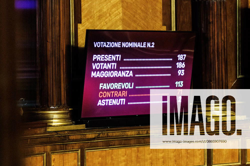 The scoreboard with the results of the vote on the electoral law in the Senate, Rome, September 15, 2026 Rome Italy - ZUMAa289 20260915_zia_a289_028