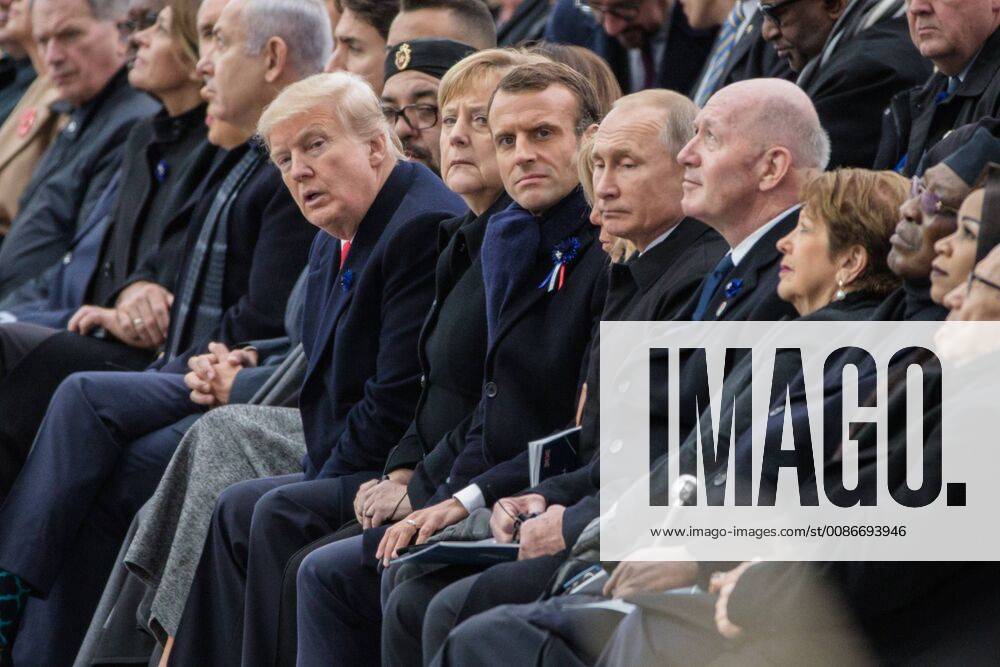 US President Donald Trump, Federal Chancellor of Germany Angela Merkel, French President Emmanuel Macron, Russian President Vladimir Poutine, accompanied by many foreign dignitaries attend a ceremony at the Arc de Triomphe in Paris on November 11, 2018 as part of commemorations marking the 100th anniversary of the 11 November 1918 armistice, ending World War I.