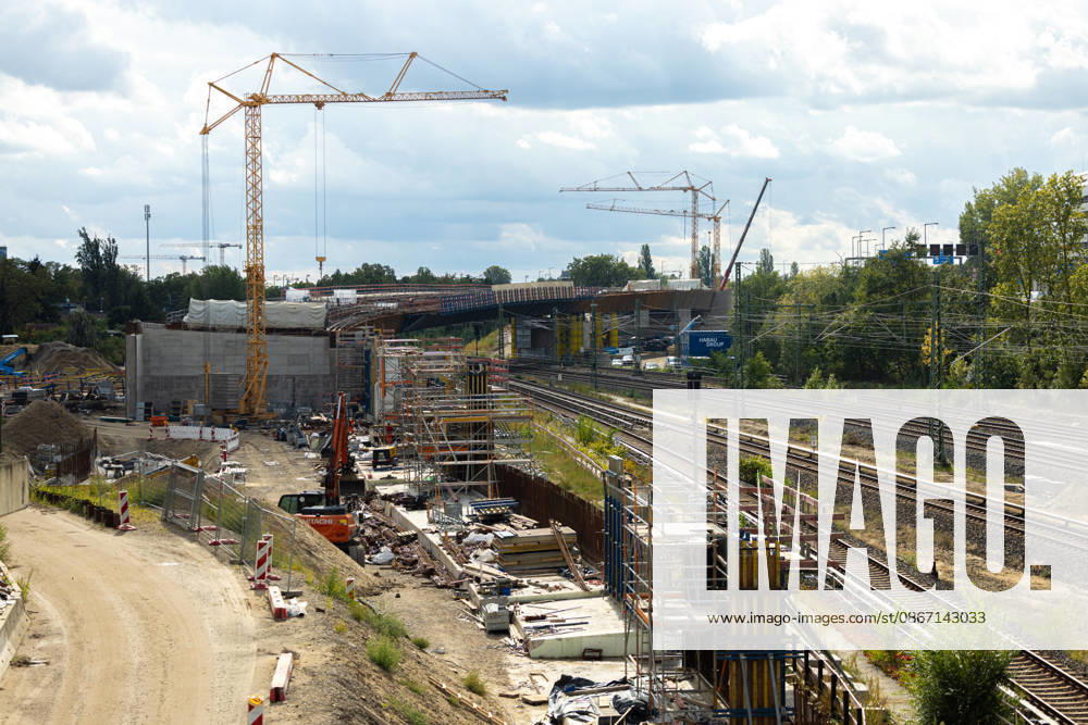 A100 Road Resurfacing of the Westend Bridge, Germany, Berlin-Westend, September 17, 2026: Construction site for the new A100 bridge over the Ringbahn tracks, built to replace the prestressed concrete structure that was demolished in the spring of 2025