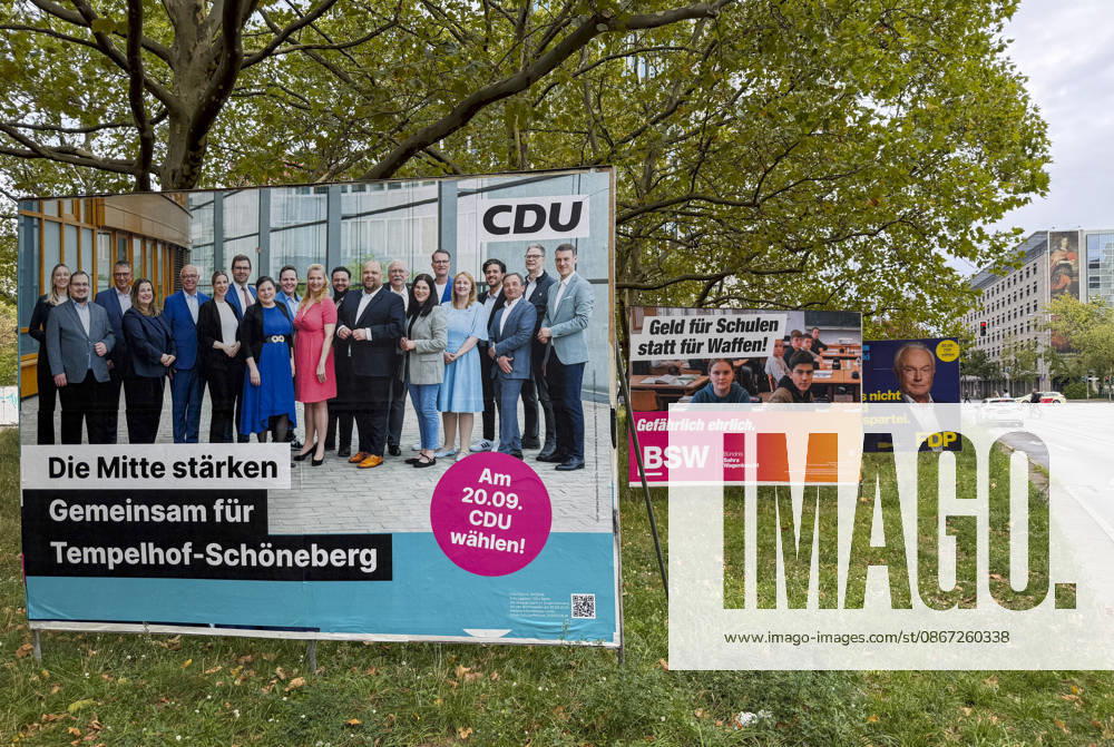 Ahead of Berlin House of Representatives election BERLIN, GERMANY - SEPTEMBER 19: Election campaign posters featuring political parties and candidates are displayed on streets across the city ahead of the Berlin House of Representatives election to be held in Berlin, Germany, on September 19, 2026. Halil Sagirkaya Anadolu Berlin Germany. Editorial use only. Please get in touch for any other usage.