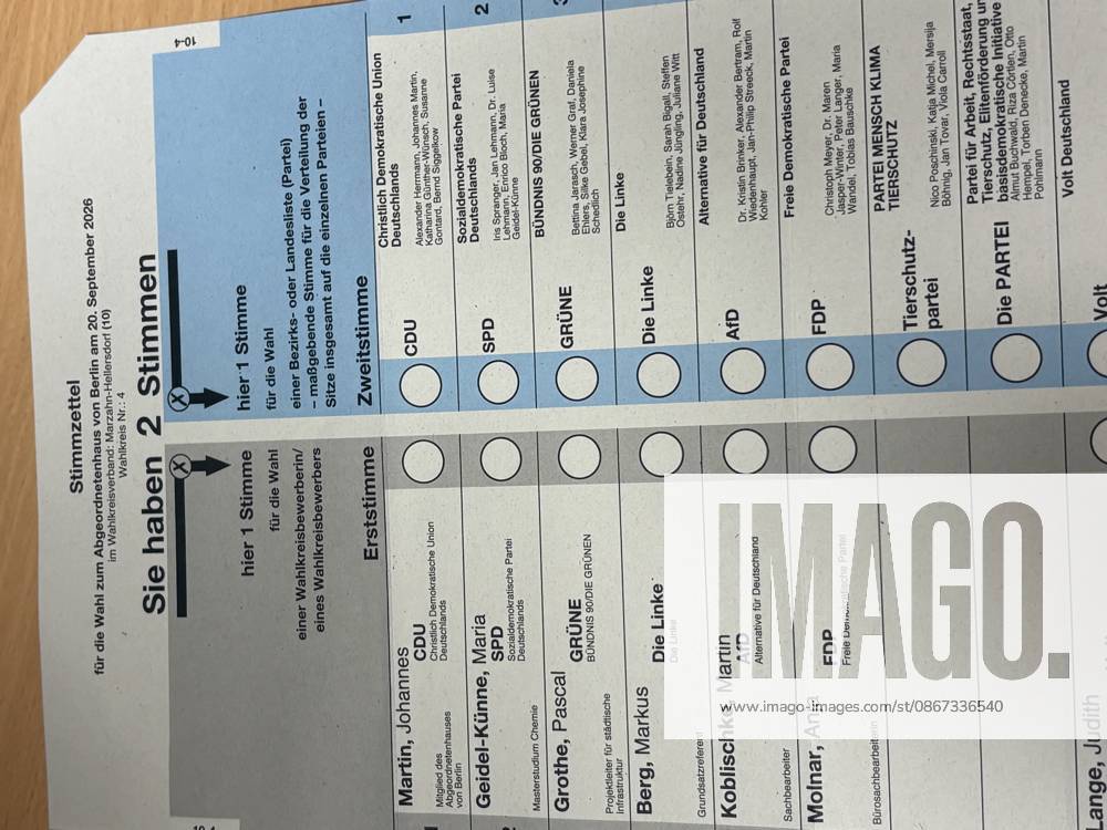 Ballot for the 2026 House of Representatives election, in the Marzahn-Hellersdorf district, District 4, Berlin, Germany