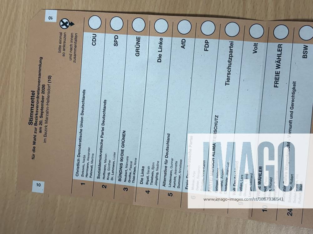 Ballot for the 2026 District Council Election, in the Marzahn-Hellersdorf constituency, Constituency 10, Berlin, Germany