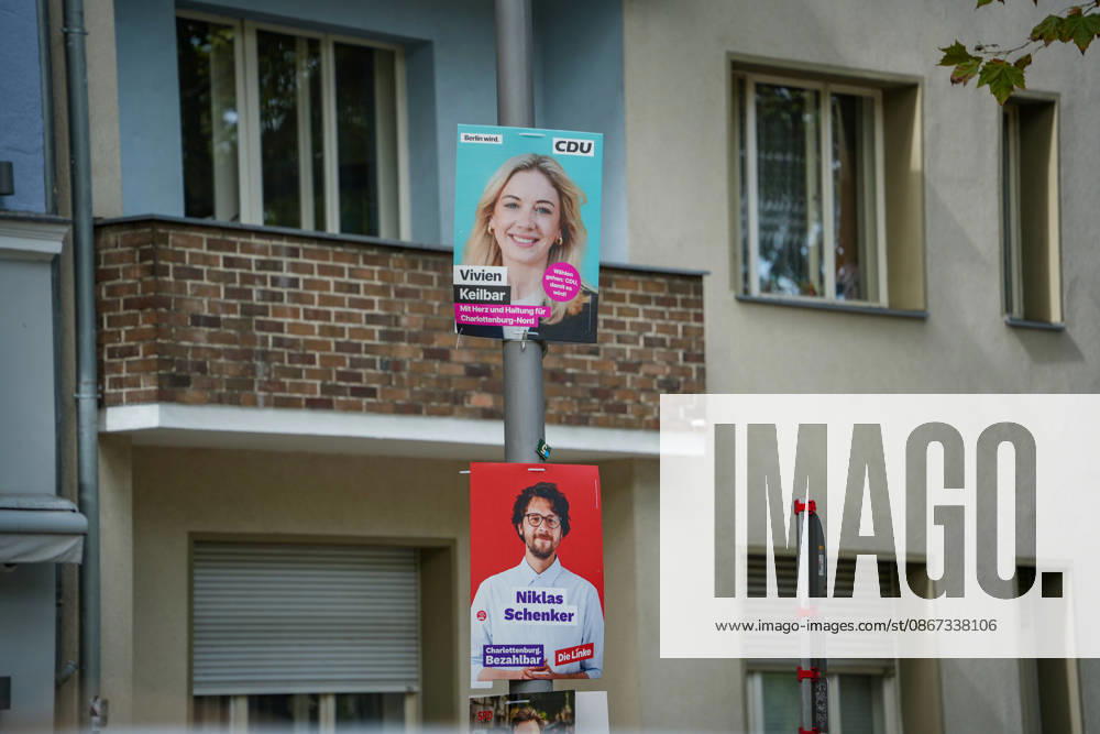 Berlin, Germany, September 20, 2026: Election posters for CDU candidate Vivien Keilbar and Die Linke candidate Niklas Schenker for the Berlin House of Representatives election, as seen on the streets of Charlottenburg. CDU, The Left, election posters, Berlin election, House of Representatives election, 2026 election, election campaign, political parties, candidates, Charlottenburg