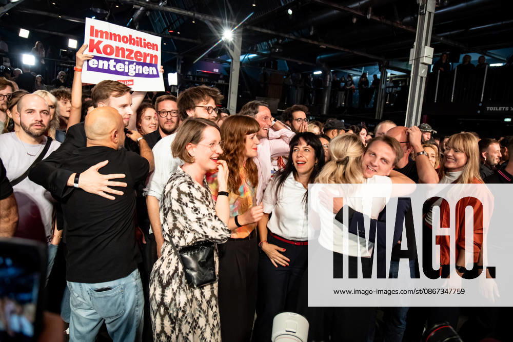 Elif Eralp C, the leading candidate for The Left, celebrates with party leaders and members upon the announcement of the initial election projections for the Berlin House of Representatives at the Festsaal Kreuzberg in Berlin on September 20, 2026. According to ARD’s initial projections, the party is expected to win 24,5 percent of the vote. The Left wins the Berlin House of Representatives