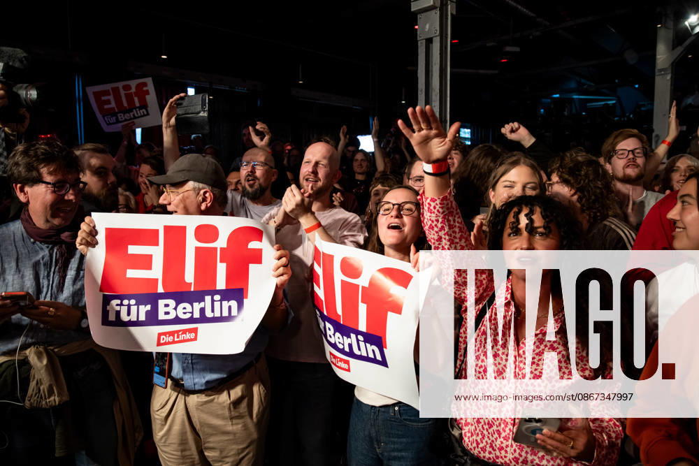 Party members celebrate as the first election projections for the Berlin House of Representatives are announced at The Left’s election party at the Festsaal Kreuzberg in Berlin on September 20, 2026. According to ARD’s initial projections, the party is expected to win with 24.5 percent of the vote. The Left wins the Berlin House of Representatives election