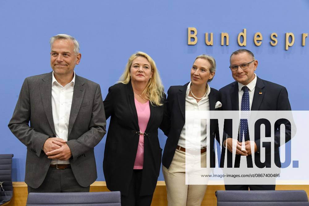 ABB BPK Leif Erik Holm, AfD Mecklenburg-Western Pomerania; Kristin Brinker, AfD lead candidate in Berlin; Alice Weidel, federal spokesperson for the AfD and co-chair of the AfD parliamentary group, Tino Chrupalla, Federal Spokesperson for the AfD and Co-Chair of the AfD parliamentary group. Topic: Af
