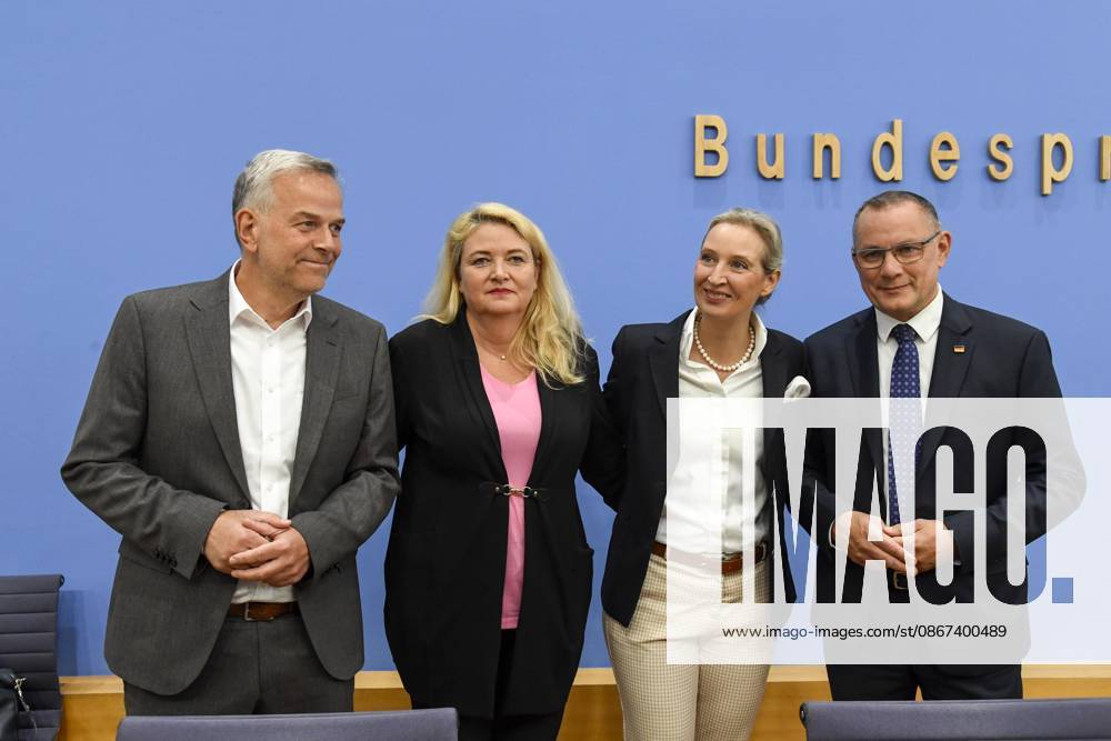 ABB BPK Leif Erik Holm, AfD Mecklenburg-Western Pomerania; Kristin Brinker, AfD lead candidate in Berlin; Alice Weidel, federal spokesperson for the AfD and co-chair of the AfD parliamentary group, Tino Chrupalla, Federal Spokesperson for the AfD and Co-Chair of the AfD parliamentary group. Topic: Af