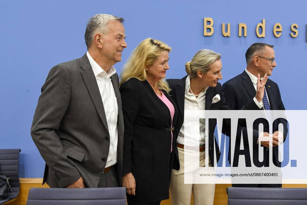 ABB BPK Leif Erik Holm, AfD Mecklenburg-Western Pomerania; Kristin Brinker, AfD lead candidate in Berlin; Alice Weidel, federal spokesperson for the AfD and co-chair of the AfD parliamentary group, Tino Chrupalla, Federal Spokesperson for the AfD and Co-Chair of the AfD parliamentary group. Topic: Af