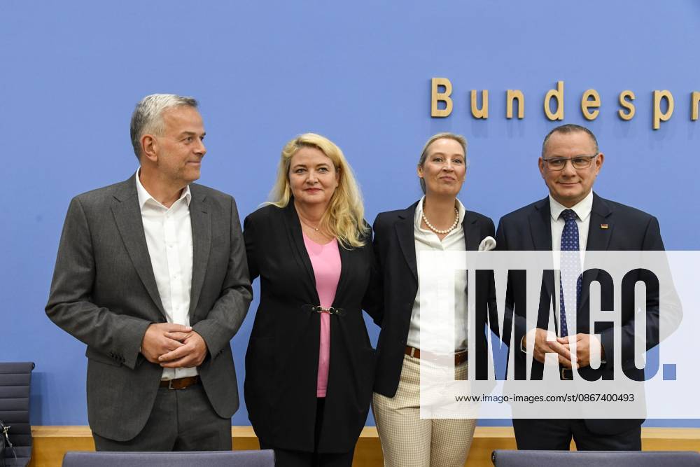 ABB BPK Leif Erik Holm, AfD Mecklenburg-Western Pomerania; Kristin Brinker, AfD lead candidate in Berlin; Alice Weidel, federal spokesperson for the AfD and co-chair of the AfD parliamentary group, Tino Chrupalla, Federal Spokesperson for the AfD and Co-Chair of the AfD parliamentary group. Topic: Af