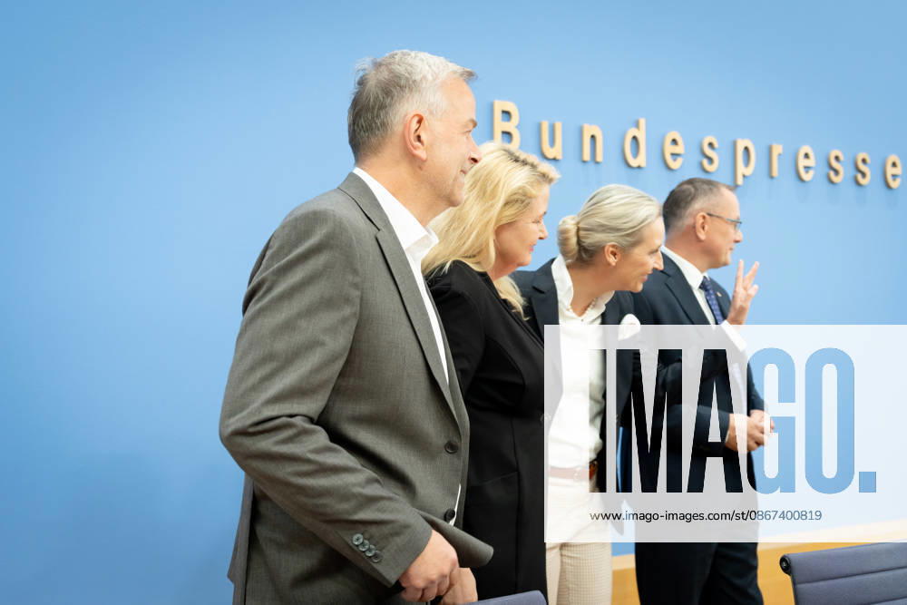 Federal Press Conference, AfD Berlin, BPK, AfD, Elections, Mecklenburg-Western Pomerania, Alice Weidel, Federal Spokesperson, Tino Chrupalla, Federal Spokesperson, Kristin Brinker, Leading Candidate, Leif Erik Holm Berlin Berlin GER
