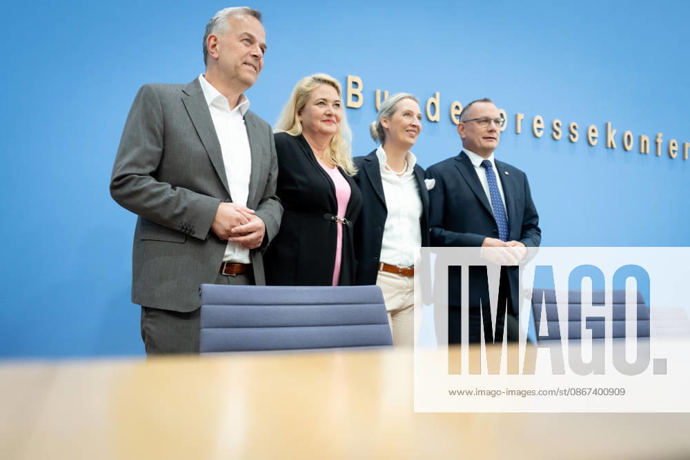 Federal Press Conference, AfD Berlin, BPK, AfD, Elections, Mecklenburg-Western Pomerania, Alice Weidel, Federal Spokesperson, Tino Chrupalla, Federal Spokesperson, Kristin Brinker, Top Candidate, Leif Erik Holm Berlin Berlin GER