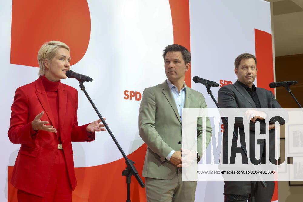 Manuela Schwesig, Steffen Krach, and Lars Klingbeil at the press conference following the state elections in Berlin and Mecklenburg-Western Pomerania at the Willy Brandt House on September 21, 2026; SPD leadership at the press conference following the state elections in Berlin