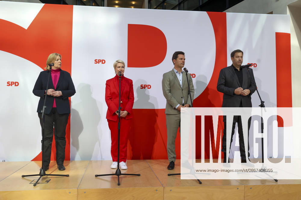 Bärbel Bas, Manuela Schwesig, Steffen Krach, and Lars Klingbeil at the press conference following the state elections in Berlin and Mecklenburg-Western Pomerania at the Willy Brandt House on September 21, 2026; SPD leadership at the press conference following the state elections in Berlin