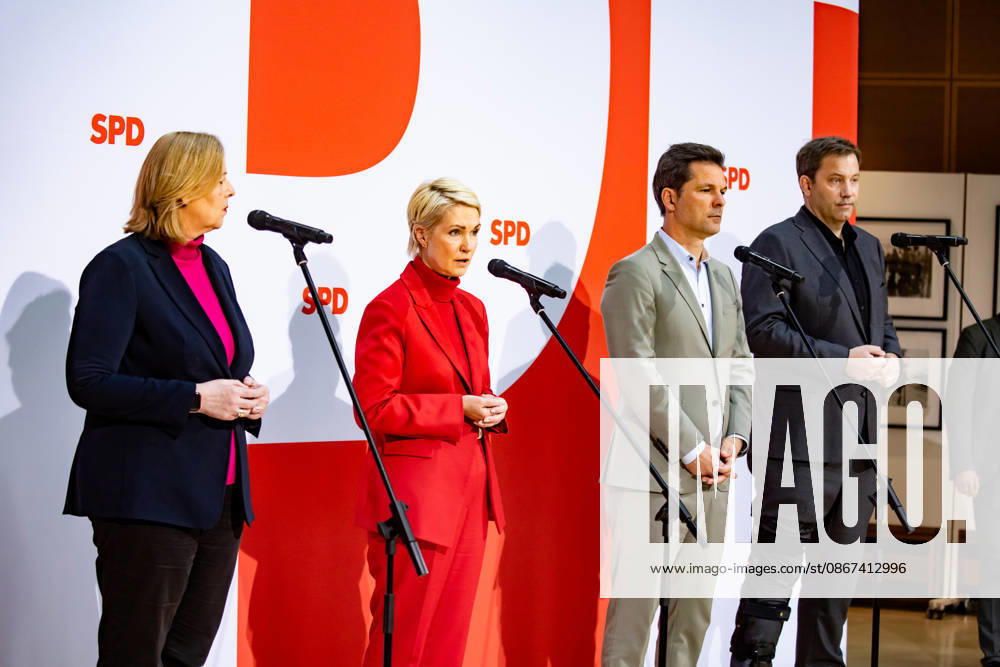 SPD party leaders Bärbel Bas (L) and Lars Klingbeil (R), and the SPD’s top candidates in Mecklenburg-Western Pomerania, Manuela Schwesig (2L), and in Berlin, Steffen Krach (2R), at a press conference at the Willy Brandt House in Berlin on September 21, 2026 Reactions to the state elections in Mecklenburg-Western Pomerania and Berlin