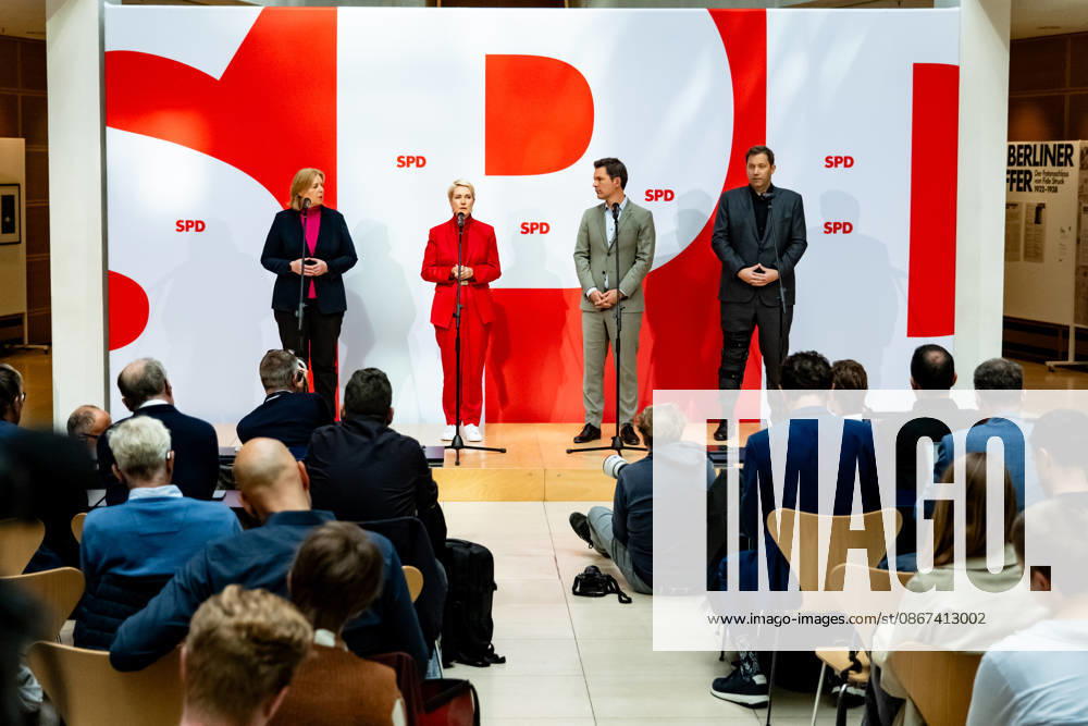 SPD party leaders Bärbel Bas (L) and Lars Klingbeil (R), and SPD lead candidates Manuela Schwesig (2L) in Mecklenburg-Western Pomerania and Steffen Krach (2R) in Berlin at a press conference at the Willy Brandt House in Berlin on September 21, 2026 Reactions to the state elections in Mecklenburg-Western Pomerania and Berlin