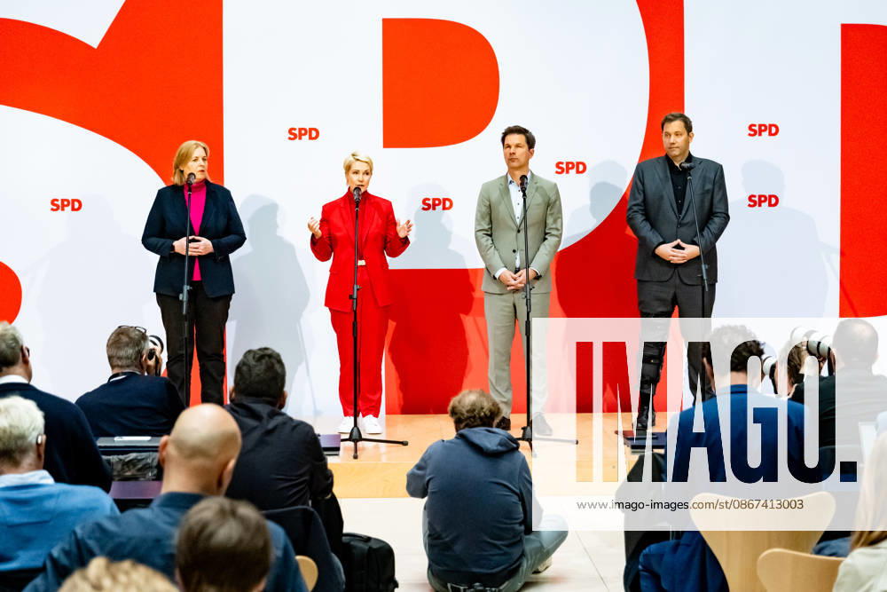 SPD party leaders Bärbel Bas (L) and Lars Klingbeil (R), and SPD lead candidates Manuela Schwesig (2L) in Mecklenburg-Western Pomerania and Steffen Krach (2R) in Berlin at a press conference at the Willy Brandt House in Berlin on September 21, 2026 Reactions to the state elections in Mecklenburg-Western Pomerania and Berlin