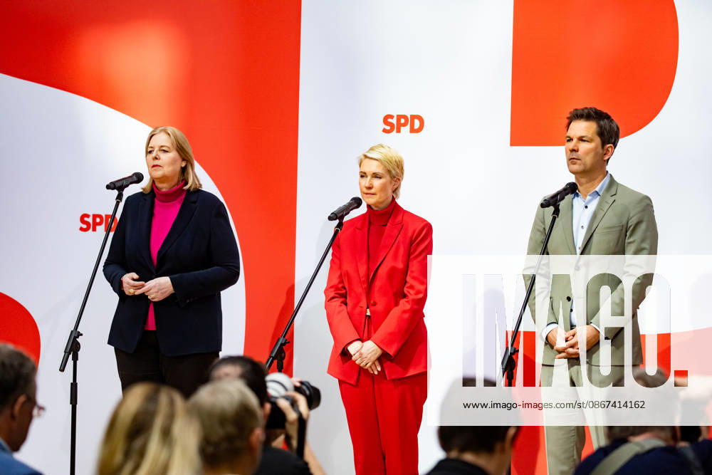 SPD Party Chair Bärbel Bas and the SPD’s top candidates in Mecklenburg-Western Pomerania, Manuela Schwesig, and in Berlin, Steffen Krach, at a press conference at the Willy Brandt House in Berlin on September 21, 2026. Reactions to the state elections in Mecklenburg-WesternPomerania and Berlin