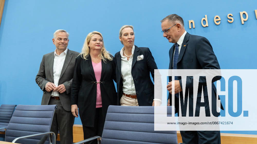 Alice Weidel, Federal Chairwoman of the AfD; Tino Chrupalla, Federal Chairman of the AfD; Leif Eric Holm, candidate for Minister-President in the Mecklenburg-Western Pomerania state election; and Kristin Brinker, lead candidate for the Berlin House of Representatives election, at the start of the Federal Press Confer