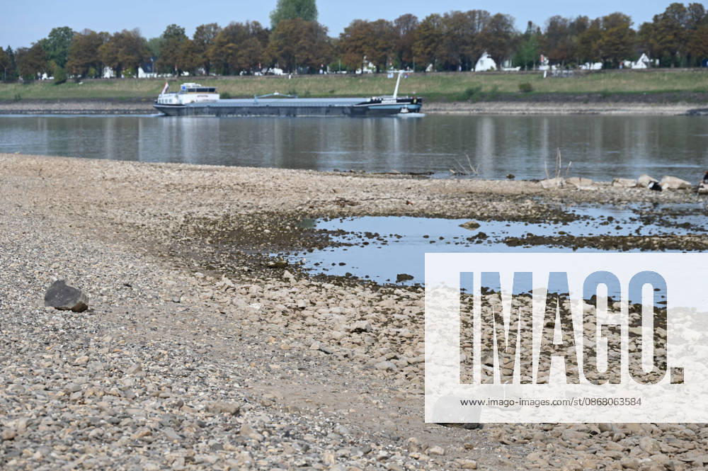 Low water levels in the Rhine have exposed a large sandbar; rocks and sand line the shore; a cargo ship is sailing in the channel near the Theodor Heuss Bridge; low water levels in the Rhine near Düsseldorf; Düsseldorf on September 28, 2026,