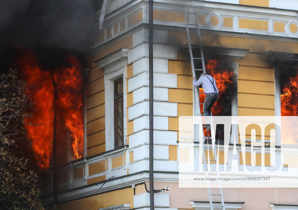 Russian drone strikes Ukrainian National Academy of Sciences building in Kyiv A man descends a telescopic ladder to exit the National Academy of Sciences building, which is burning after being hit by a drone, in Kyiv, Ukraine, on September 28, 2026. One person was killed, and three others were injured in the attack. Kyiv Ukraine