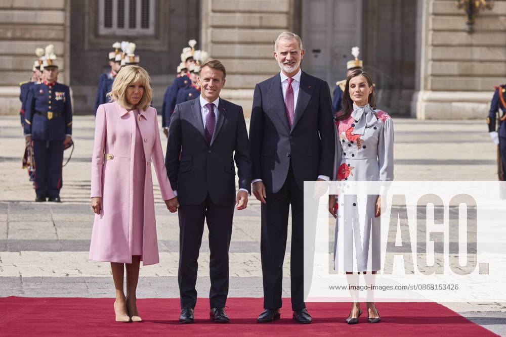 Spanish King Felipe VI and Queen Letizia with France President Emmanuel Macron and wife Brigitte Macron during a official ceremony for France President on occasion his official visit to Spain in RoyalPalace in Madrid on Tuesday, 29 September 2026. Cordon Press