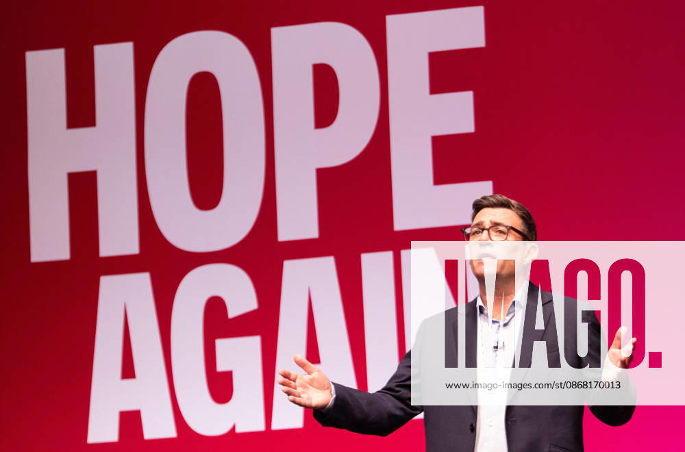 Prime Minister Andy Burnham commands the stage at the Labour Conference 2026, in front of the Hope Again logo (the theme of the conference), whilst rallying the party faithful with an ambitious policy agenda. The Prime Ministers inaugural conference address as leader drew a prolonged standing ovation after confronting difficult decisions on the national economy, water control, and state pensions. Liverpool United Kingdom - ZUMAs197 20260929_aaa_s197_279