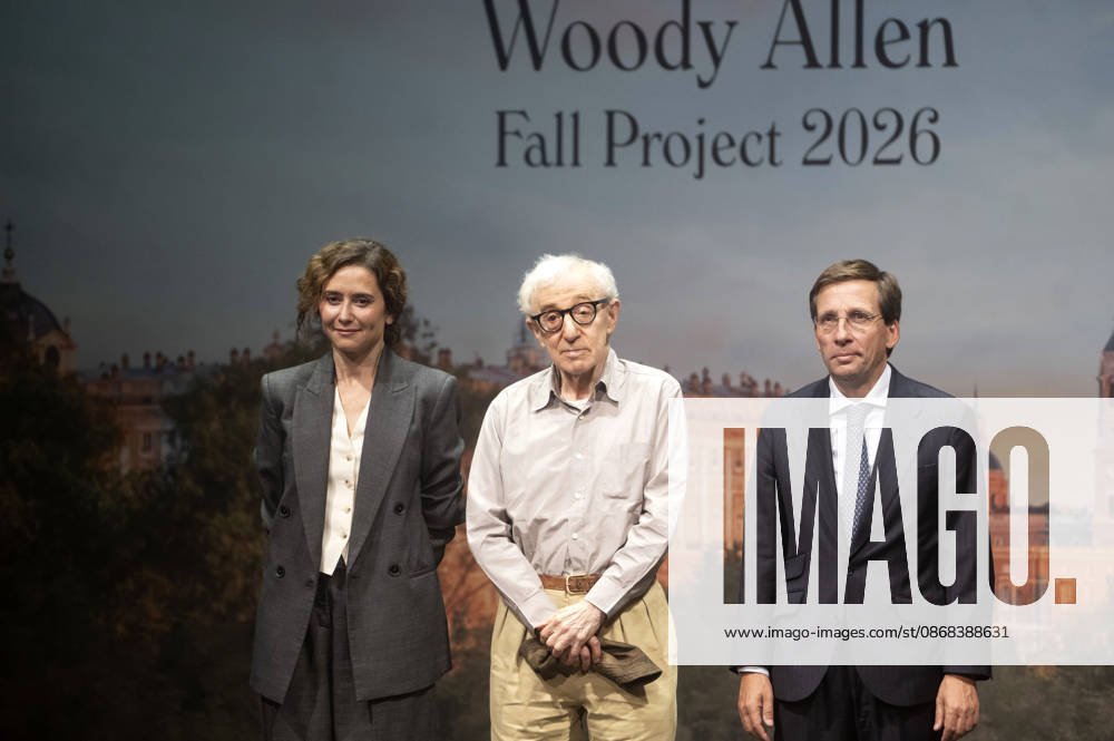 Isabel Diaz Ayuso, Woody Allen, and JoseLuis Martinez Almeida Navasques at the official reception marking the start of filming for the Woody Allen Fall Project 2026 at the Teatros del Canal in Madrid, October 1, 2026 Foto:Fotografosx xFuturexImagex woody_6045