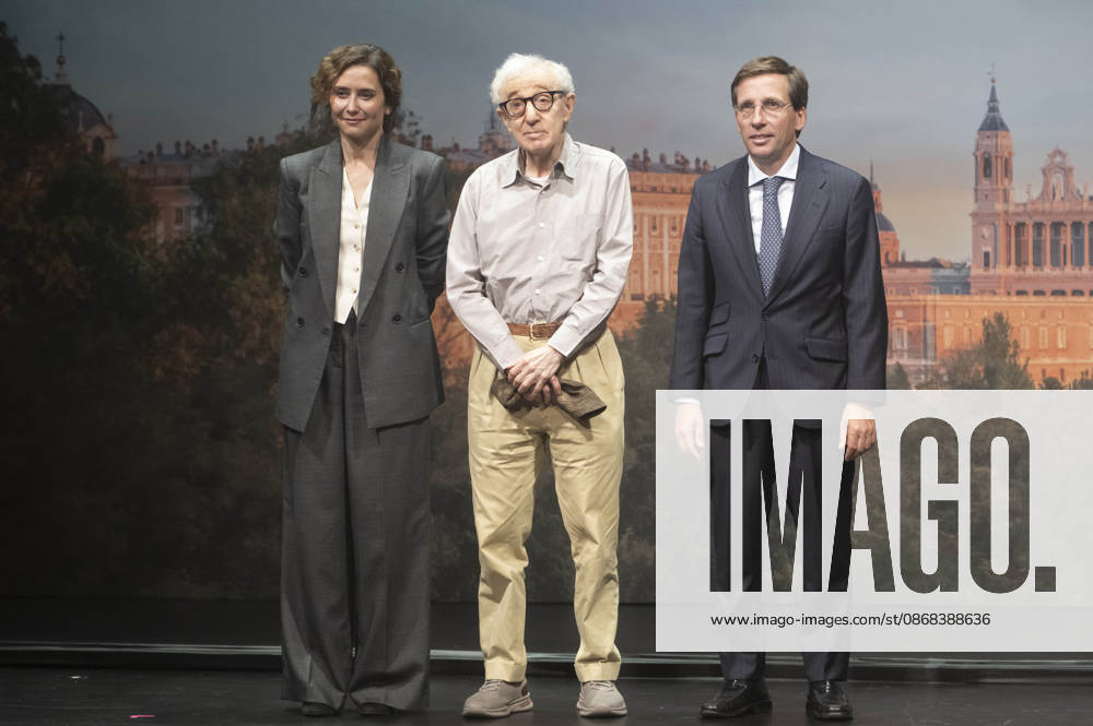 Isabel Diaz Ayuso, Woody Allen, and JoseLuis Martinez Almeida Navasques at the official reception marking the start of filming for the Woody Allen Fall Project 2026 at the Teatros del Canal in Madrid, October 1, 2026 Foto:Fotografosx xFuturexImagex woody_6047