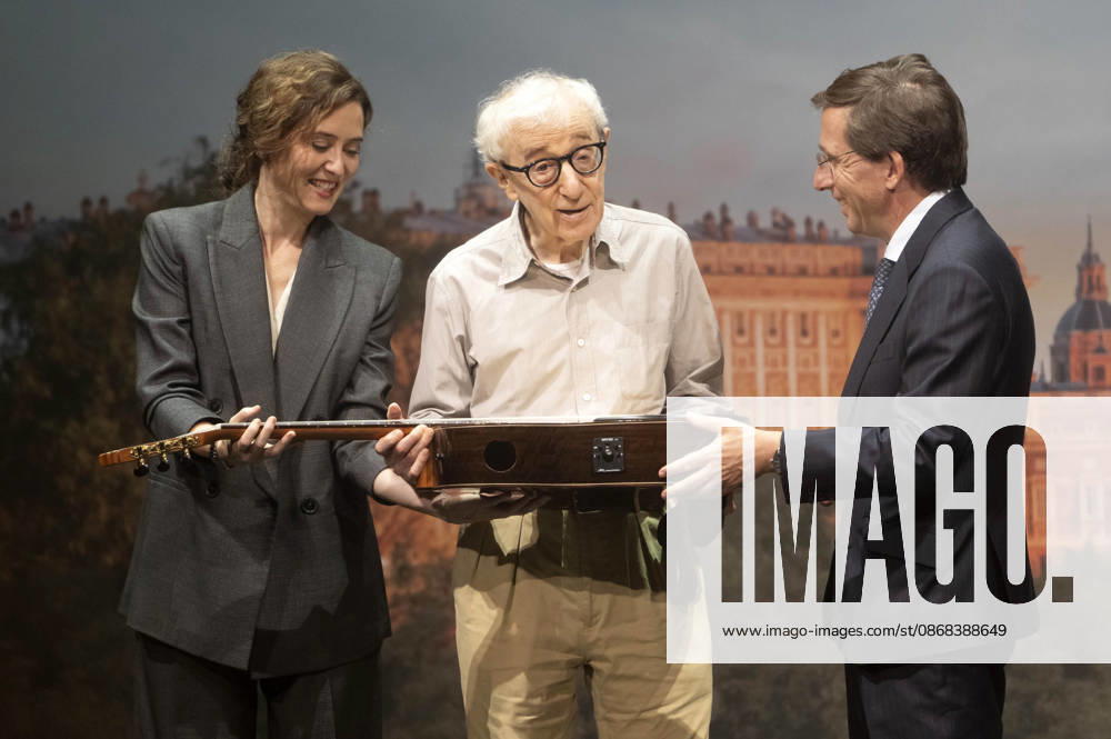 Isabel Diaz Ayuso, Woody Allen, and JoseLuis Martinez Almeida Navasques at the official reception marking the start of filming for the Woody Allen Fall Project 2026 at the Teatros del Canal in Madrid, October 1, 2026 Foto:Fotografosx xFuturexImagex woody_6050