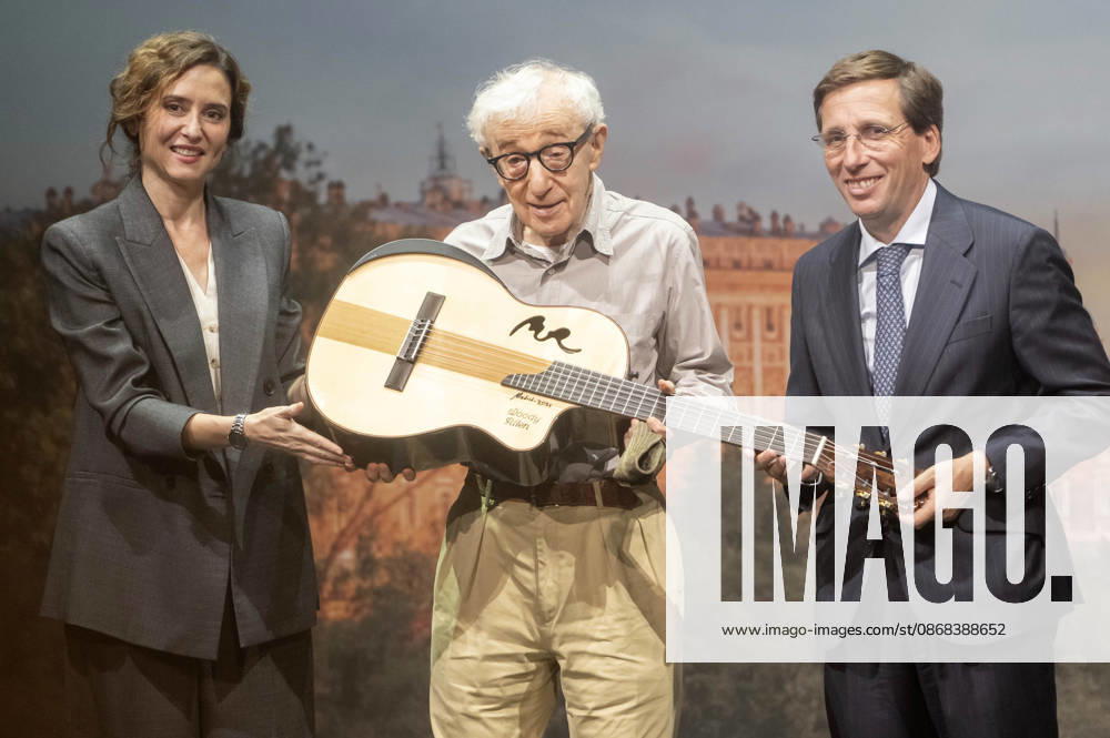 Isabel Diaz Ayuso, Woody Allen, and JoseLuis Martinez Almeida Navasques at the official reception marking the start of filming for the Woody Allen Fall Project 2026 at the Teatros del Canal in Madrid, October 1, 2026 Foto:Fotografosx xFuturexImagex woody_6052