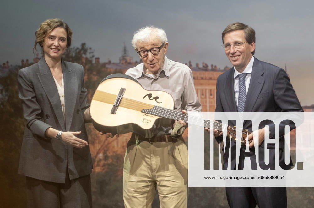 Isabel Diaz Ayuso, Woody Allen, and JoseLuis Martinez Almeida Navasques at the official reception marking the start of filming for the Woody Allen Fall Project 2026 at the Teatros del Canal in Madrid, October 1, 2026 Foto:Fotografosx xFuturexImagex woody_6053
