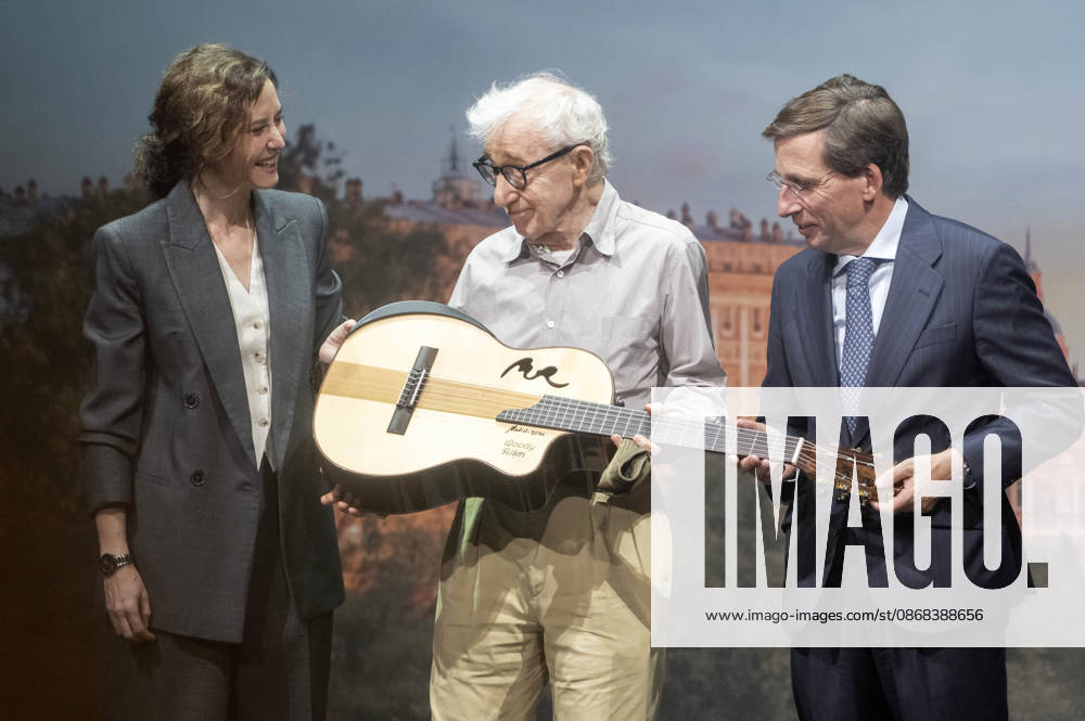 Isabel Diaz Ayuso, Woody Allen, and JoseLuis Martinez Almeida Navasques at the official reception marking the start of filming for the Woody Allen Fall Project 2026 at the Teatros del Canal in Madrid, October 1, 2026 Foto:Fotografosx xFuturexImagex woody_6054
