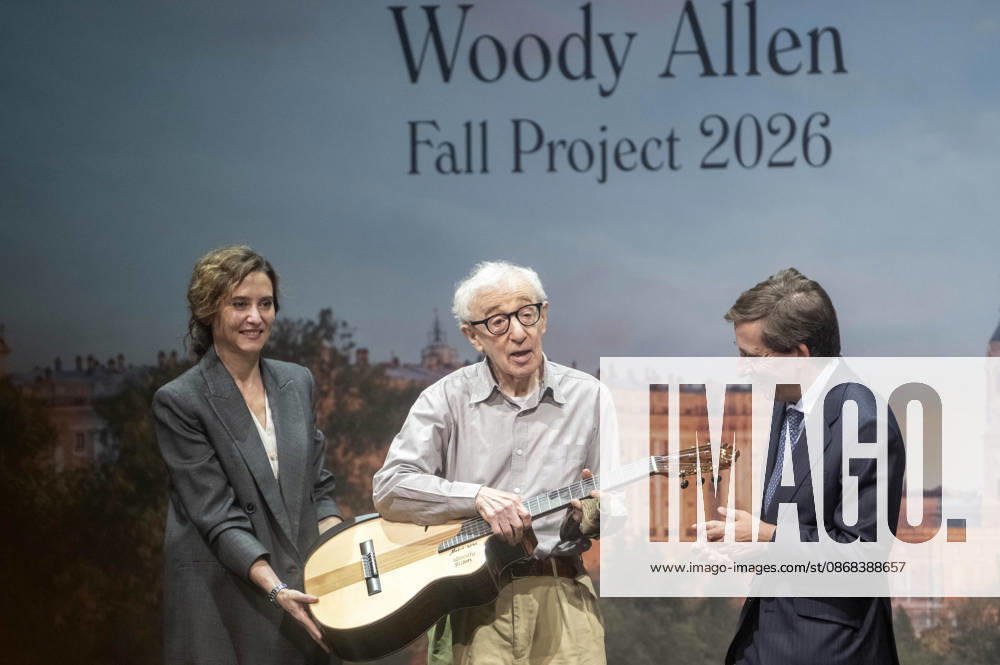 Isabel Diaz Ayuso, Woody Allen, and JoseLuis Martinez Almeida Navasques at the official reception marking the start of filming for the Woody Allen Fall Project 2026 at the Teatros del Canal in Madrid, October 1, 2026 Foto:Fotografosx xFuturexImagex woody_6055