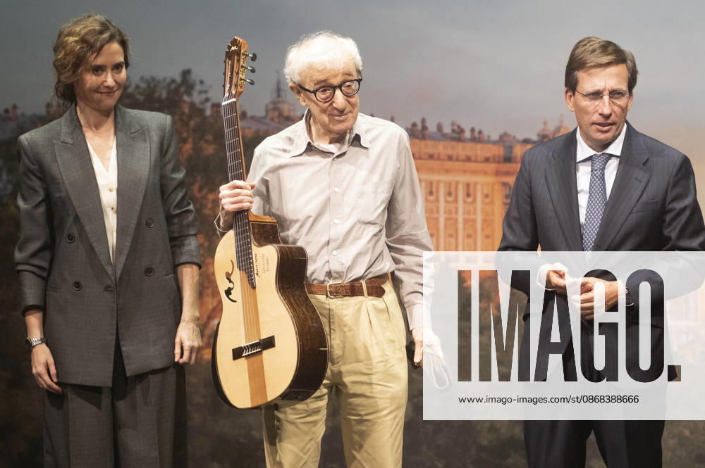 Isabel Diaz Ayuso, Woody Allen, and JoseLuis Martinez Almeida Navasques at the official reception marking the start of filming for the Woody Allen Fall Project 2026 at the Teatros del Canal in Madrid, October 1, 2026 Foto:Fotografosx xFuturexImagex woody_6058