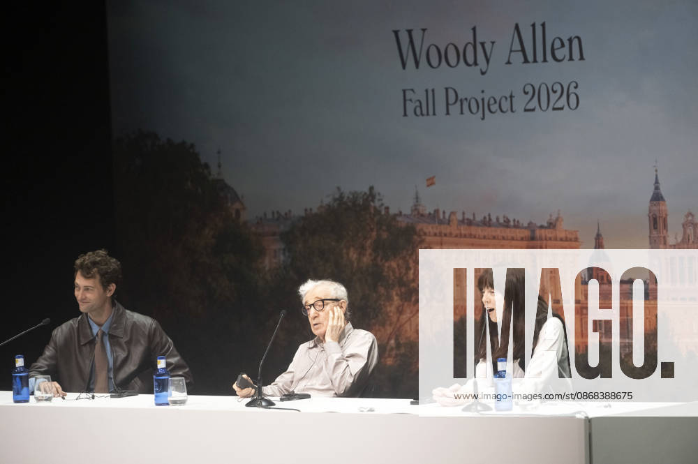 Peter Vives, Woody Allen, and Alexi Wasser at the official reception marking the start of filming for the Woody Allen Fall Project 2026 at the Teatros del Canal in Madrid, October 1, 2026 Foto:Fotografosx xFuturexImagex woody_6065
