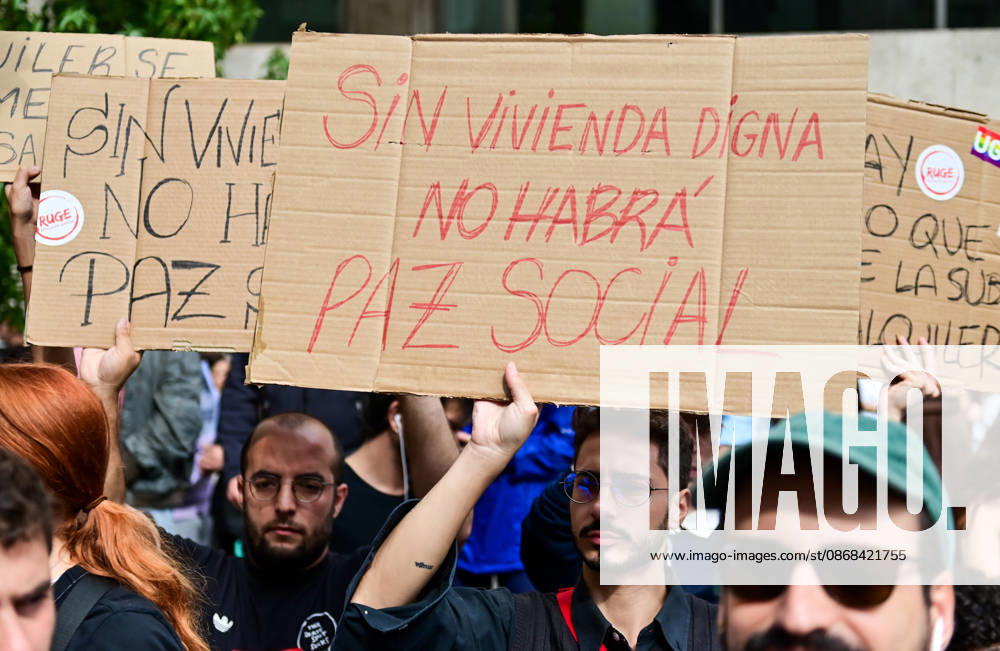Tenants and housing activists gather outside the Congress of Deputies in Madrid during a demonstration called by the Sindicato de Inquilinas e Inquilinos de Madrid. The protest takes place on the Spanish Parliament votes on two Royal Decree-Laws on housing: one concerning measures to protect the social function of housing and increase affordable housing supply, and another aimed at strengthening the stability of habitual rental contracts. The demonstration was organized to pressure lawmakers during the vote. Junts had announced its opposition to the measures, while PP and Vox were also expected to vote against them. Madrid SPAIN - ZUMAz108 20261002_znp_z108_043