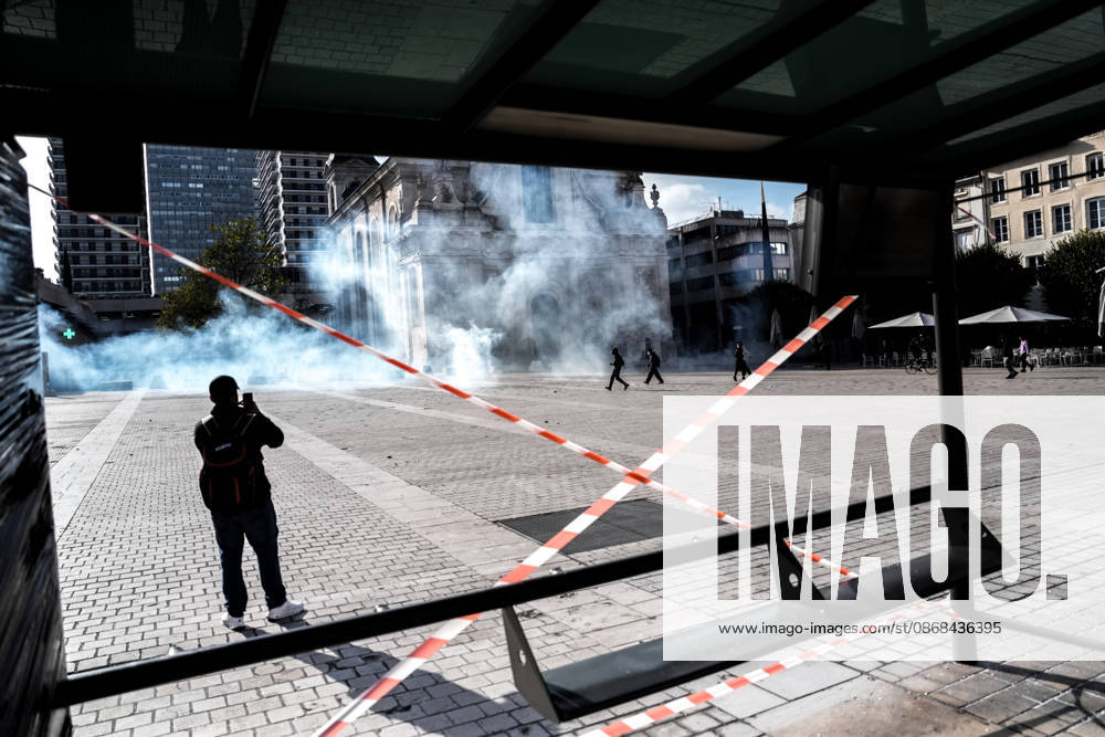 Students clash with police during high-school mobilization in Nancy NANCY, FRANCE - OCTOBER 2: Students clash with security forces as nationwide high-school mobilization continues over school conditions and demands for greater education resources in Nancy, France on October 2, 2026. Law enforcement officers used tear gas to disperse student crowds protesting across multiple school locations as part of nationwide mobilizations over education resources and school conditions. Police deploy security units around several locations as demonstrations and blockades continue. Muhammed Said Tako Anadolu Nancy France. Editorial use only. Please get in touch for any other usage.