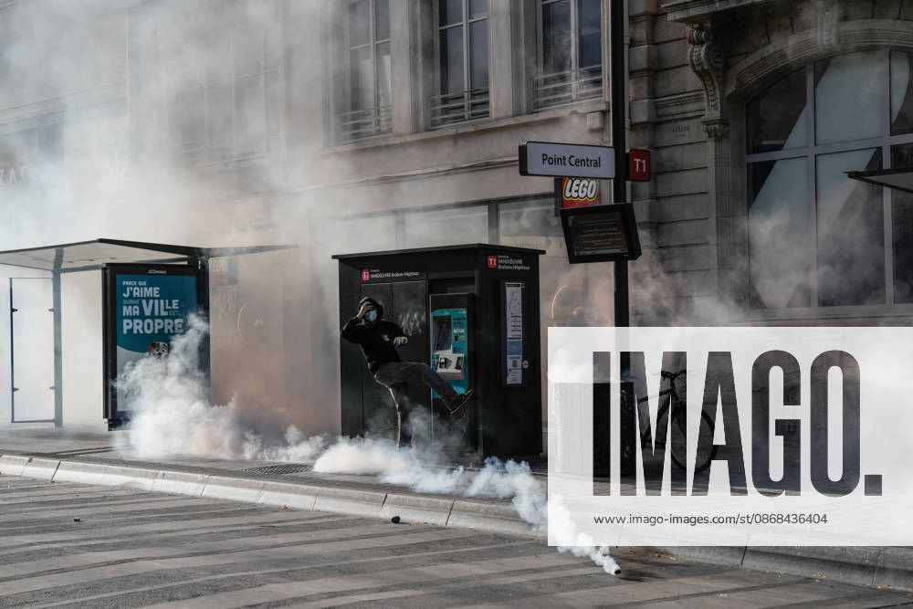 Students clash with police during high-school mobilization in Nancy NANCY, FRANCE - OCTOBER 2: Students clash with security forces as nationwide high-school mobilization continues over school conditions and demands for greater education resources in Nancy, France on October 2, 2026. Law enforcement officers used tear gas to disperse student crowds protesting across multiple school locations as part of nationwide mobilizations over education resources and school conditions. Police deploy security units around several locations as demonstrations and blockades continue. Muhammed Said Tako Anadolu Nancy France. Editorial use only. Please get in touch for any other usage.