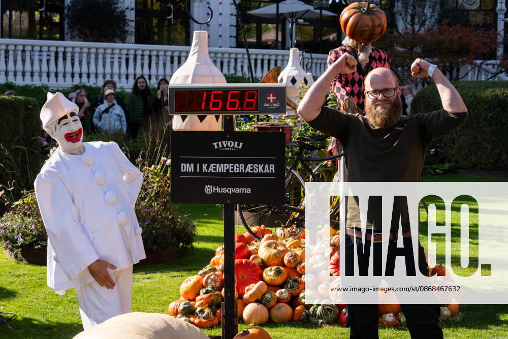Danish Giant Pumpkin Championship Results Announced: Emil Bertel Clausen from Moerke with his pumpkin weighing 166.8 kg at the Danish Giant Pumpkin Championship in Tivoli, Copenhagen, on Saturday, October 3, 2026. Photo by Emil Nicolai Helms, Scanpix 2026, Copenhagen, Denmark