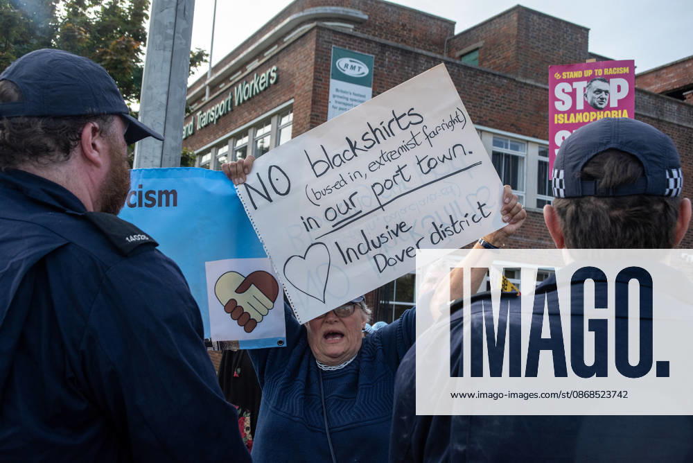 An antifascist protester holds a placard and chants slogans during a counter-protest in Dover. Supporters of the English Defence League (EDL) gathered in Dover, UK to march through the town all the way to the harbour. English Defence League is an extreme far-right and Islamophobic organisation. It was founded by Tommy Robinson (pseudonym of Steven Yaxley-Lennon) in 2009. Dover United Kingdom - ZUMAs197 20261003_aaa_s197_244