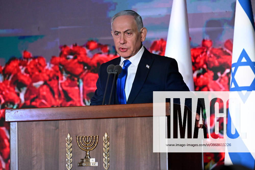 Israeli Prime Minister Benjamin Netanyahu speaks at the State Memorial Ceremony for the three year anniversary of the October 7, 2023, Hamas attack, in remembrance of Israel Defense Forces and security members who fell in the War of Redemption in the Mt. Herzl Cemetery, Jerusalem, on Monday, October 5, 2026. JER2026100502 DEBBIExHILL