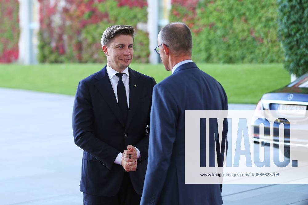 Berlin, Germany, October 5, 2026; Federal Chancellery: Reception for the heads of state and government of the three Baltic countries—Latvia, Estonia, and Lithuania—Mindaugas Sinkevicius and Federal Chancellor Friedrich Merz (CDU)