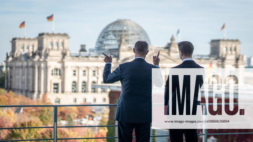 Chancellor Friedrich Merz with his guest Mindaugas Sinkeviciusius, Prime Minister of Lithuania, at the Federal Chancellery; on the terrace of the Federal Chancellery overlooking the Reichstag building, home to the Bundestag; the Federal Chancellor welcomes the Prime Minister of the Republic of Lithuania at the Federal Chancellery, Berlin, Germany; Federal Chancellery