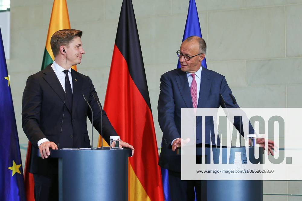 Berlin, Germany, October 5, 2026: The Federal Chancellery hosts a joint press conference with Lithuanian Prime Minister Mindaugas Sinkevicius and Federal Chancellor Friedrich Merz (CDU)