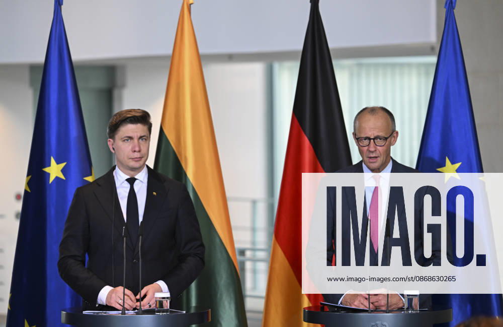 German Chancellor Merz and Lithuanian PM Sinkevicius hold joint press conference in Berlin BERLIN, GERMANY - OCTOBER 05: German Chancellor Friedrich Merz and Lithuanian Prime Minister Mindaugas Sinkevicius hold a joint press conference following their meeting at the Federal Chancellery in Berlin, Germany on October 05, 2026. Halil Sagirkaya Anadolu Berlin Germany. Editorial use only. Please get in touch for any other usage.