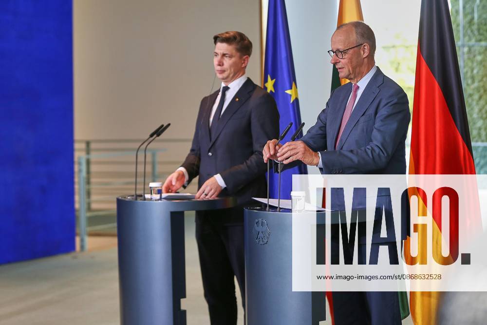 Berlin, Germany, October 5, 2026: The Federal Chancellery hosts a joint press conference with Lithuanian Prime Minister Mindaugas Sinkevicius and Federal Chancellor Friedrich Merz (CDU)