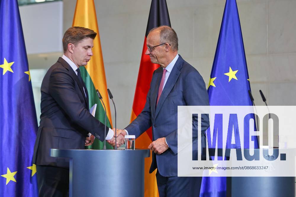 Berlin, Germany, October 5, 2026: The Federal Chancellery hosts a reception for Lithuanian Prime Minister Mindaugas Sinkevicius and Federal Chancellor Friedrich Merz (CDU) following a joint press conference